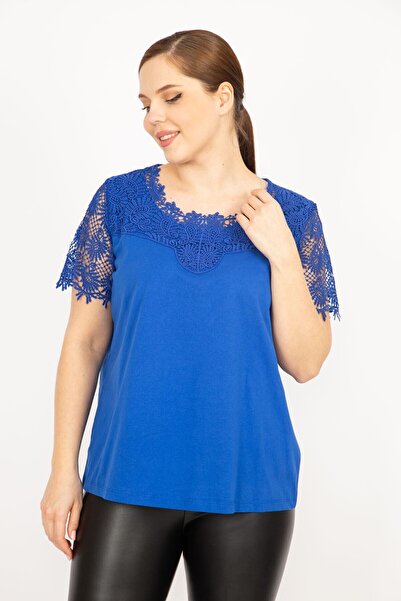 Şans Γυναικεία Saks Plus Size από βαμβακερό ύφασμα δαντέλα λεπτομερή μπλούζα 65n35922