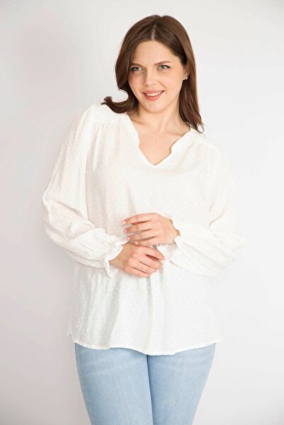 Şans Women's Bone Large Size Nope Fabric Collar Ruffle Sleeve Elastic Blouse 65n36339