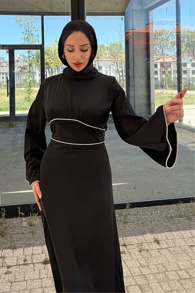 Tesettür Diyarı Women's Baguette Stone Satin Evening Dress with Sleeves and Waist