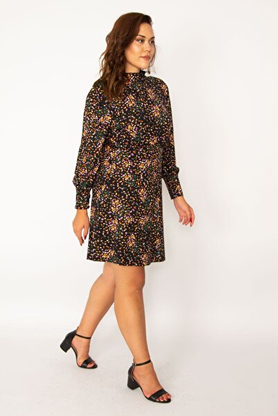 Şans Дамска рокля с дълъг ръкав с голям размер, цветна талия и детайли 65n34051