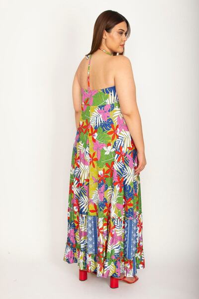 Şans Women's Large Size Colorful Backless Neck Tied Dress 65n26564