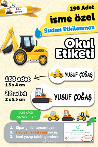 MSticker Okul Etiketi Kalem Defter Etiketi Iş Makinaları Özel Isim Yazılabile...