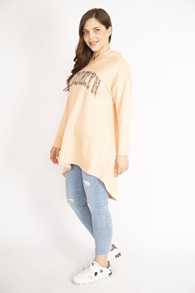 Şans Women's Salmon Plus Size Sequin Detailed Hooded Long Back Sweatshirt 65n36430