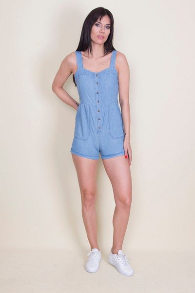 Şans Tekstil Women's Blue Denim Fabric Button and Pocket Detailed Strappy Jumpsuit 26a15141