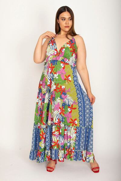 Şans Women's Large Size Colorful Backless Neck Tied Dress 65n26564