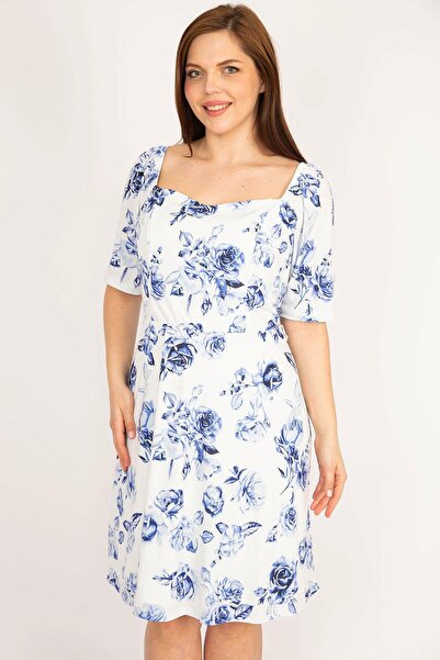 Şans Kadın Mavi Büyük Beden Omuzu Lastikli Astarlı Elbise 65n36044