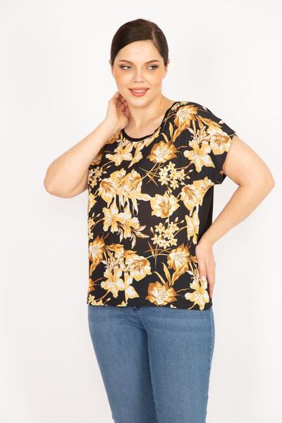 Şans Women's Black Plus Size Front Patterned Blouse 65n36056