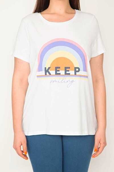 Şans Women's Plus Size White Cotton Fabric Crew Neck Front Printed Blouse 65n32579