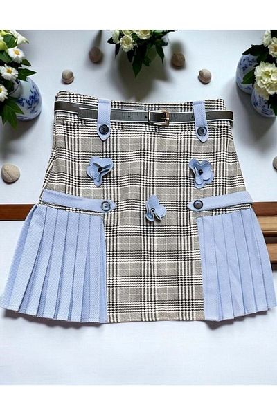 Nanica Kids Plaid Garnished Pleated Skirt Blue