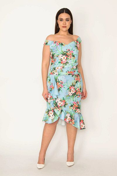 Şans Women's Large Size Colorful Waist Draped Hem Flounced Dress 65n31813