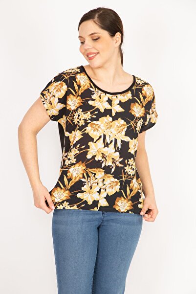 Şans Women's Black Plus Size Front Patterned Blouse 65n36056