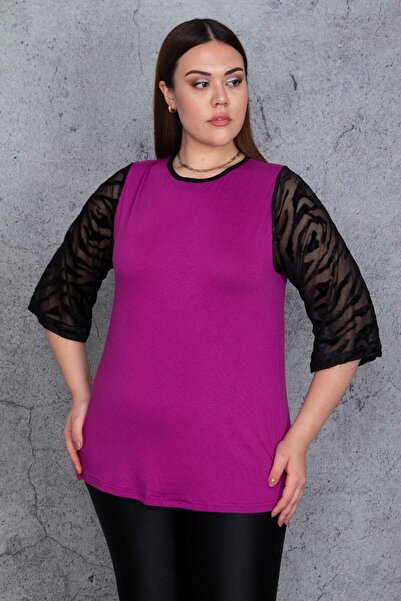 Şans Γυναικεία Μωβ Μανίκια Μεγάλου Μεγέθους Flocked Τούλι Λεπτομερής μπλούζα βισκόζης 65n25580