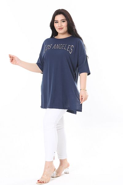Şans Navy Blue Glitter Λεπτομέρεια - Μπλούζα Crew Neck Side Slit κοντά μανίκια Plus Size