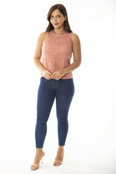 Şans Women's Large Size Salmon Front Lace Inside Viscose Blouse 65N36941