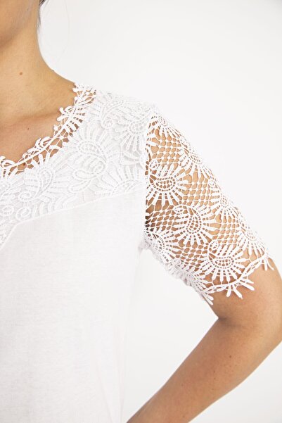 Şans Women's Bone Plus Size Cotton Fabric Lace Detailed Blouse 65n35922