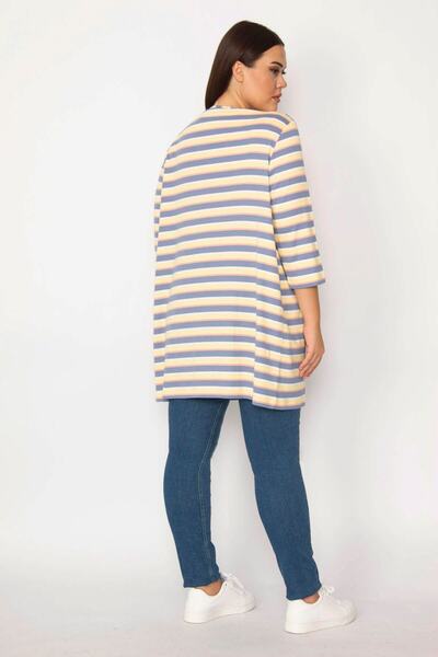 Şans Women's Large Size Indigo Cotton Fabric Striped Cardigan 65n29655