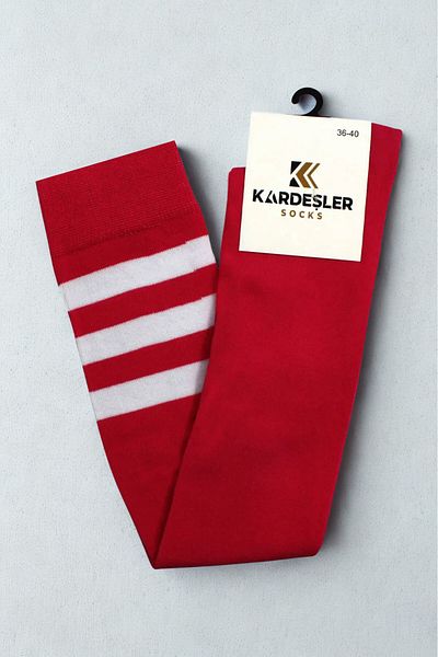 KARDEŞLER ÇORAP Памучни чорапи над коляното с бели райета и червени мотиви
