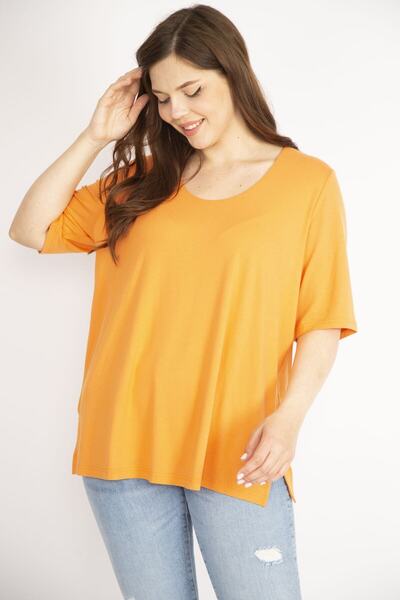 Şans Women's Orange Large Size Two-Layer Short Sleeve Lycra Blouse 65n36341
