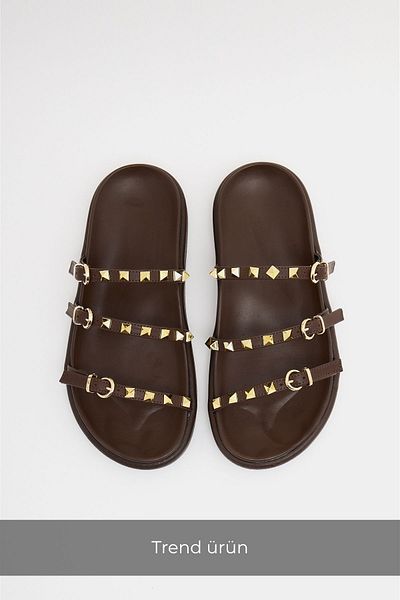 Madamra Brown Women's Gold Staple Detailed Trend Slippers