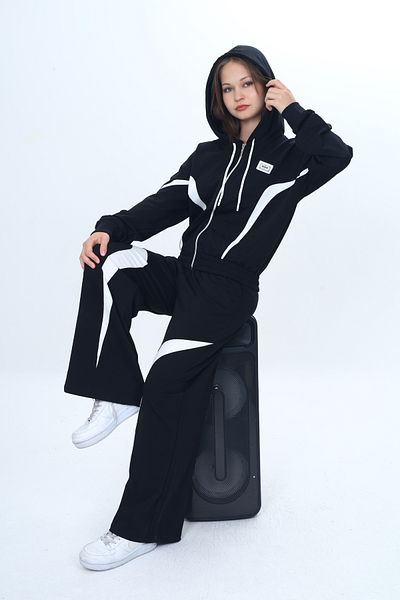 Asortix Set de trening pentru fete, 100% bumbac, cu glugă, cu fermoar, oversize, partea de jos și de sus, la modă-315