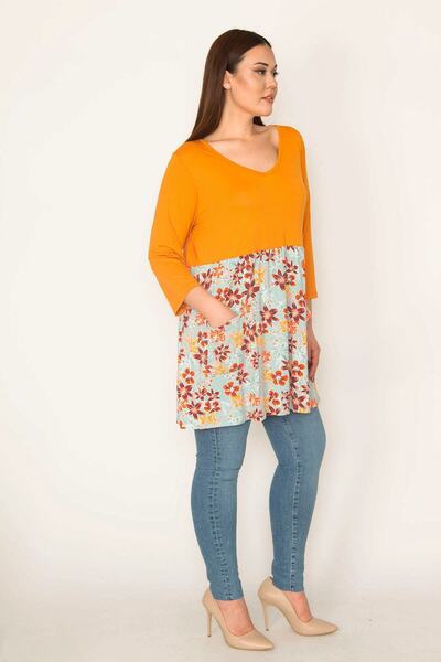 Şans Women's Plus Size Colorful Skirt Patterned Pocket Tunic Dress 65n32889