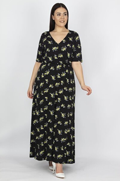 Şans Női nagyméretű, fekete, betakarított galléros viszkóz ruha 65n31693