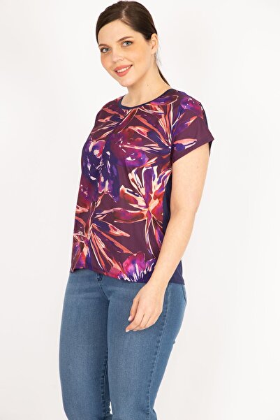 Şans Women's Navy Blue Large Size Patterned Satin Low Sleeve Blouse 65n36084