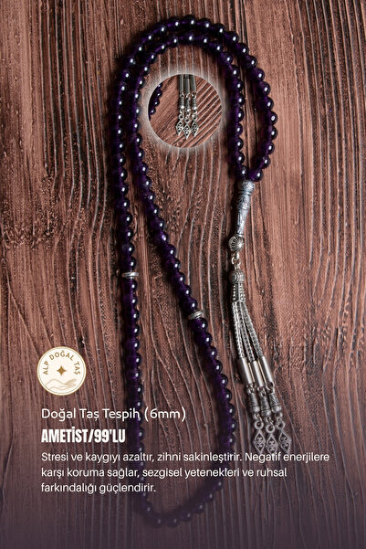 Alp Doğal Taş Orijinal Sertifikalı Ametist Doğal Taş (6 mm) 99'luk Tespih