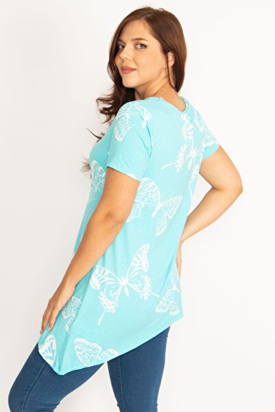 Şans Women's Large Size Blue Butterfly Patterned Blouse 65n34775