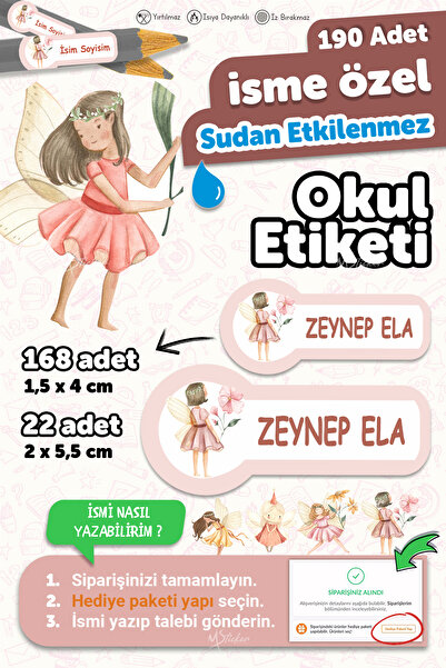 MSticker Шкільна етикетка для олівців та зошитів Етикетка «Фея» з можливістю написання імені - 190 штук