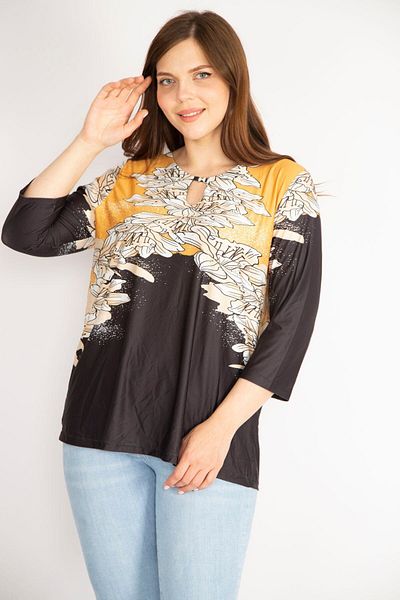Şans Women's Mustard Plus Size Kiss Collar Capri Sleeve Collar Stone Detailed Blouse 65n36424