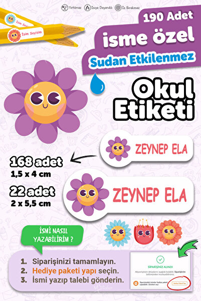 MSticker Okul Etiketi Kalem Defter Etiketi Çiçekler Temalı Özel Isim Yazılabi...