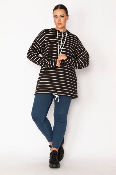 Şans Kadın Büyük Beden Siyah Ön Pat Fermuarlı Kuşgözü Ve Bağcık Detaylı Kapşo...