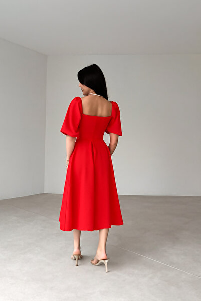 Deafox Plissiertes Midikleid mit quadratischem Kragen und Ballonärmeln – roter Kreppstoff