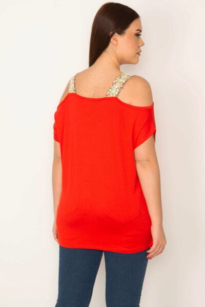 Şans Γυναικεία μπλούζα με δαντέλα μεγάλου μεγέθους κόκκινου ώμου και λουράκι με πούλιες με δαντέλα 65n22701