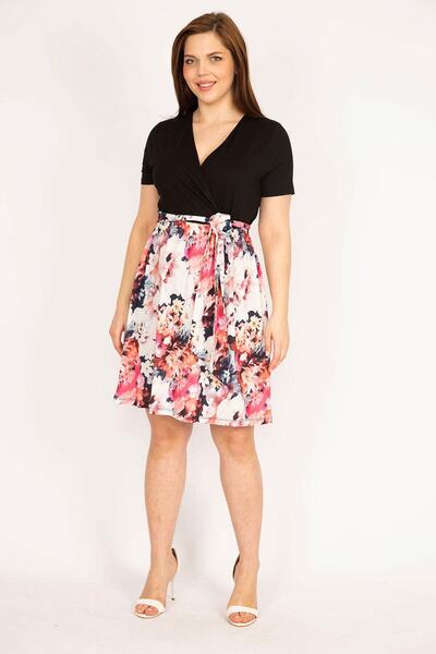 Şans Women's Black Plus Size Wraped Collar Waist Belted Dress 65n36025