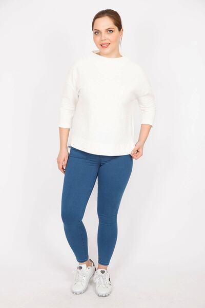 Şans Women's Bone Large Size Capri Sleeve Self Patterned Side Slit Blouse 65n35854