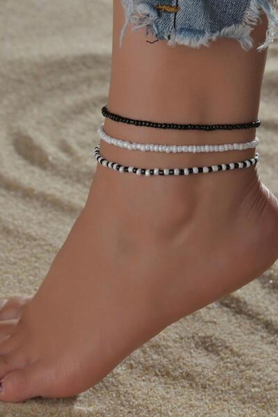 New Obsessions 3-Piece Black - White Beaded Checkerboard Anklet Set