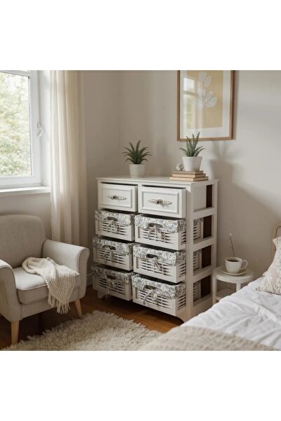 Home Ahşap 8 Çekmeceli Hasır Görünümlü Sebzelik Ve Çok Amaçlı Dolap