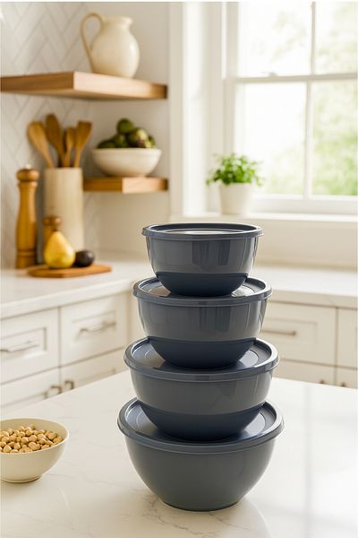 Vienev Set of 4 Round Bowls Anthracite |   1L, 1.5L, 2.3L, 3.3L |   Multi-Purpose Kitchen Storage Container with Lid