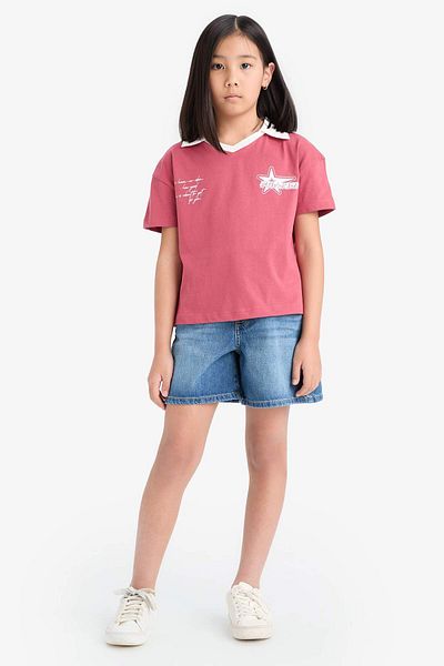 DeFacto Girl's Boxy Fit Polo Neck Printed Short Sleeve T-Shirt E1034A825Sm