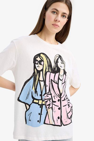 DeFacto Tricou cu mânecă scurtă din bumbac pieptănat cu imprimeu pentru fete, cu decolteu normal, E5142AX25SM
