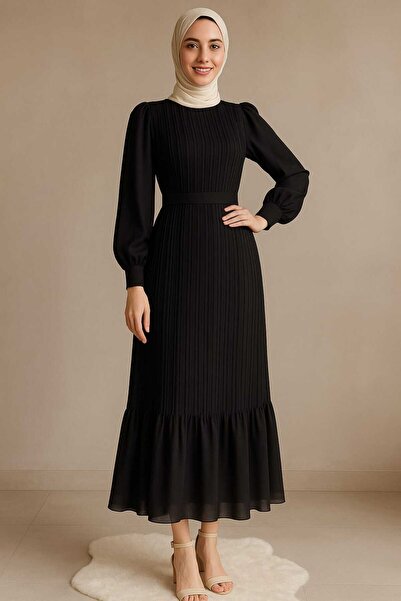 Trendy Mall Πλισέ μαύρο σιφόν φόρεμα Hijab