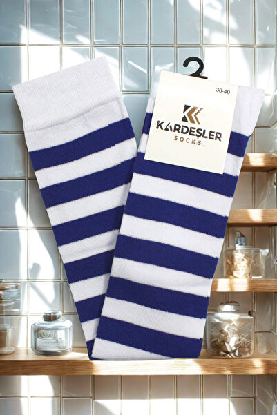 KARDEŞLER ÇORAP Saks Ve Beyaz Şeritli Diz Üstü Pamuklu Çorap