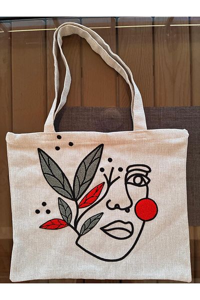 Mustgross Beach & Daily Use Punch Embroidered Zippered Linen Bag 1 Piece 42X34Cm Strap 26cm