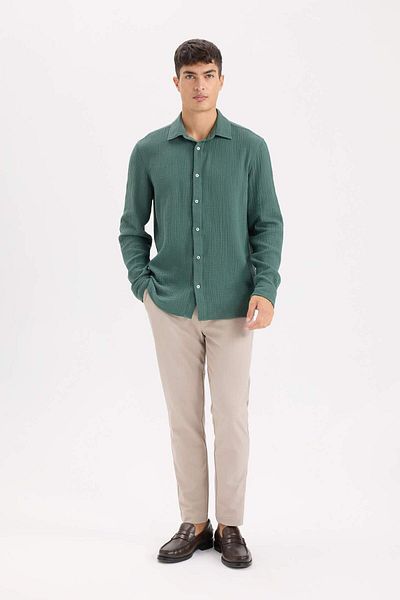 DeFacto 100% Cotton Regular Fit Polo Collar Muslin Long Sleeve Shirt W7832Az25Sp
