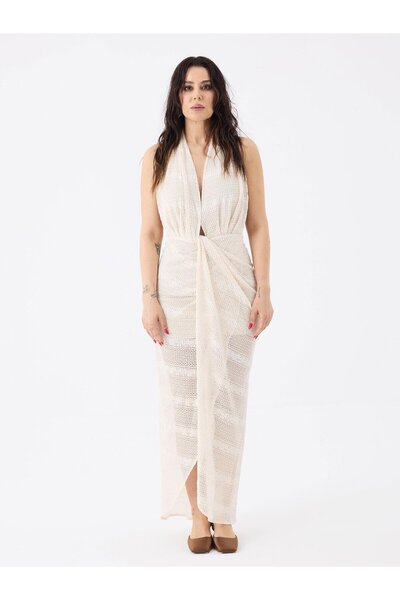 RİVUS Halter Neck Twisted Lace Dress - Ecru