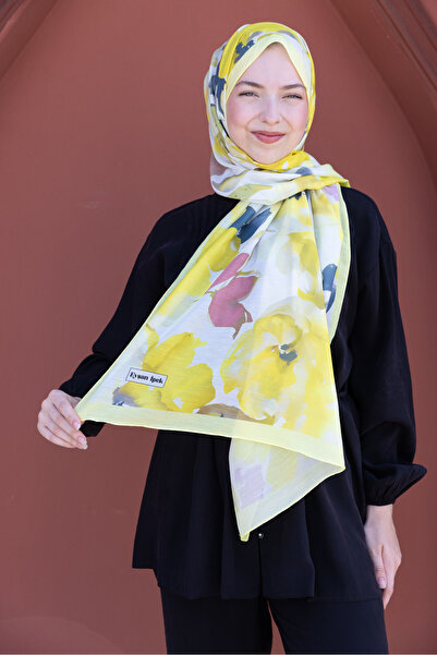 49eyşanipek Romantik Sarı Çiçek Desenli Pamuklu Şal