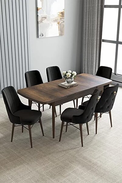asaella mobilya Loft Barok Desen 80x132 Açılabilir Mdf Masa Yemek Odası Takımı, Mutfak Takımı 6 Sandalye