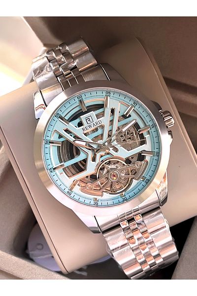 Reward Turquoise Color Special Design Automatic Mechanism Steel Cord 5 Atm Water Resistant Men's Wrist Watch